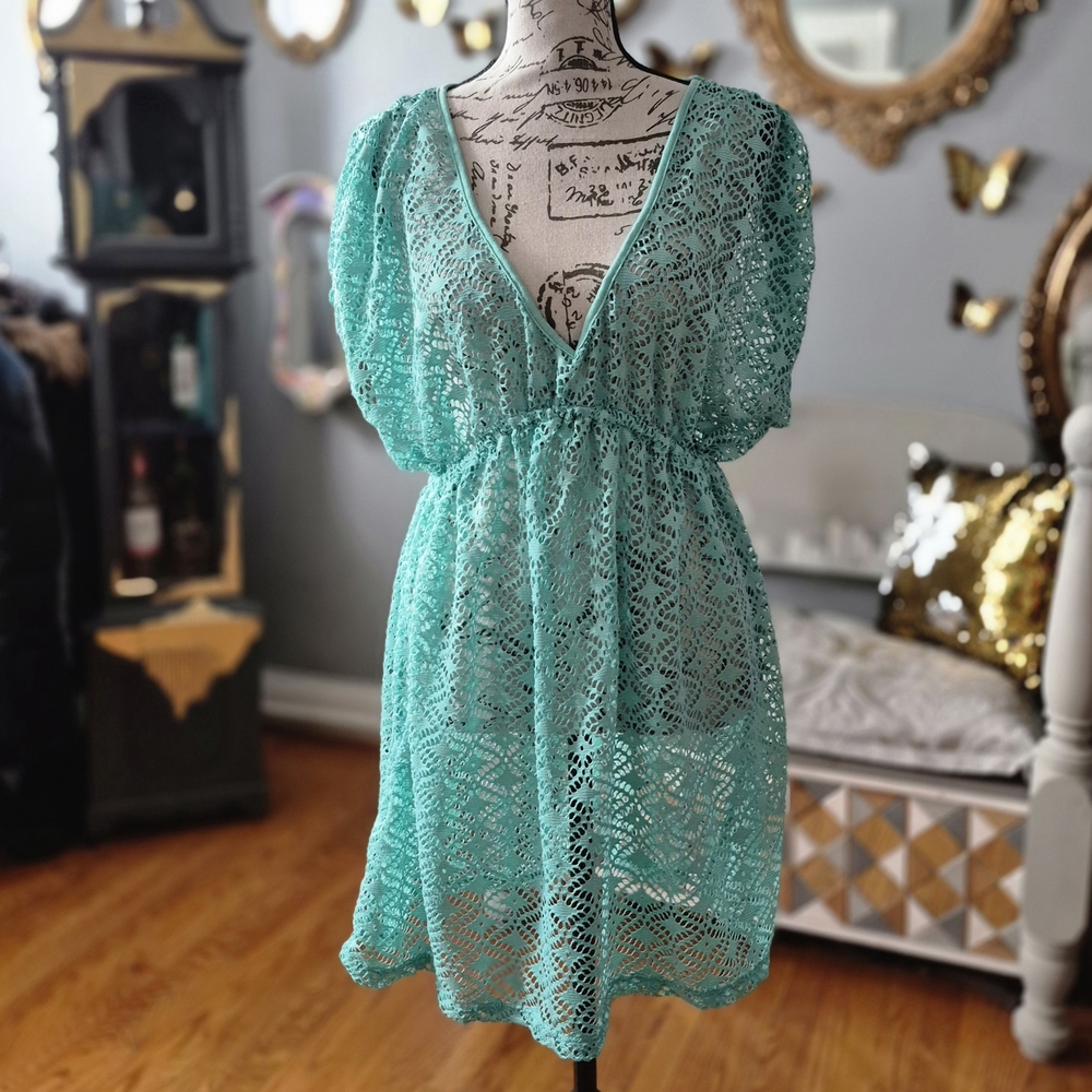 Miken Swim Mint Lace Crochet Tunic Cover- Up Large